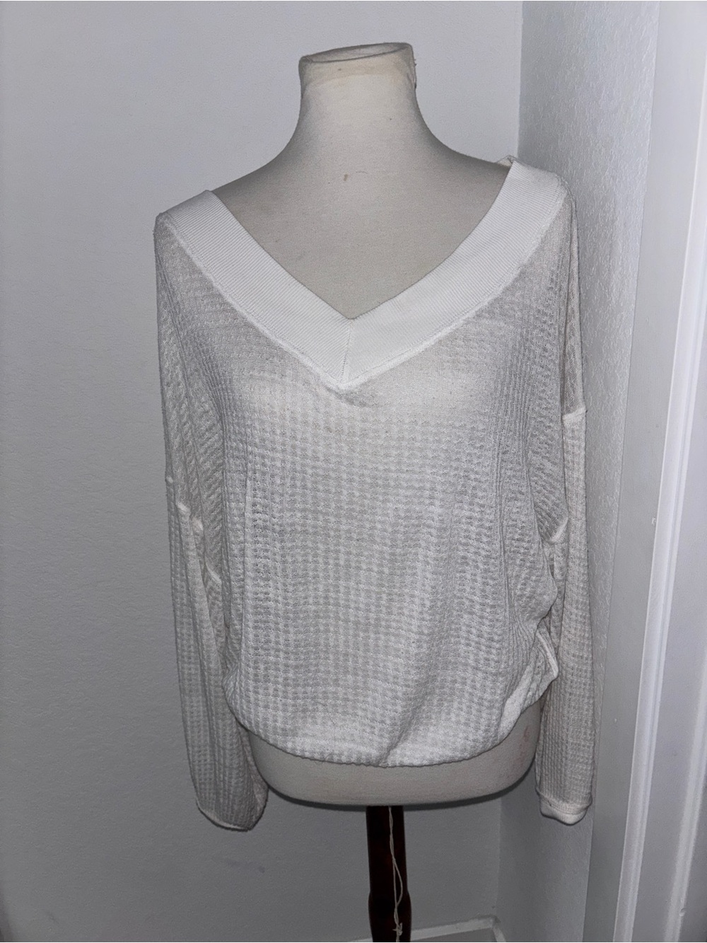 Free People Cream Waffle-Knit V-Neck Sweater